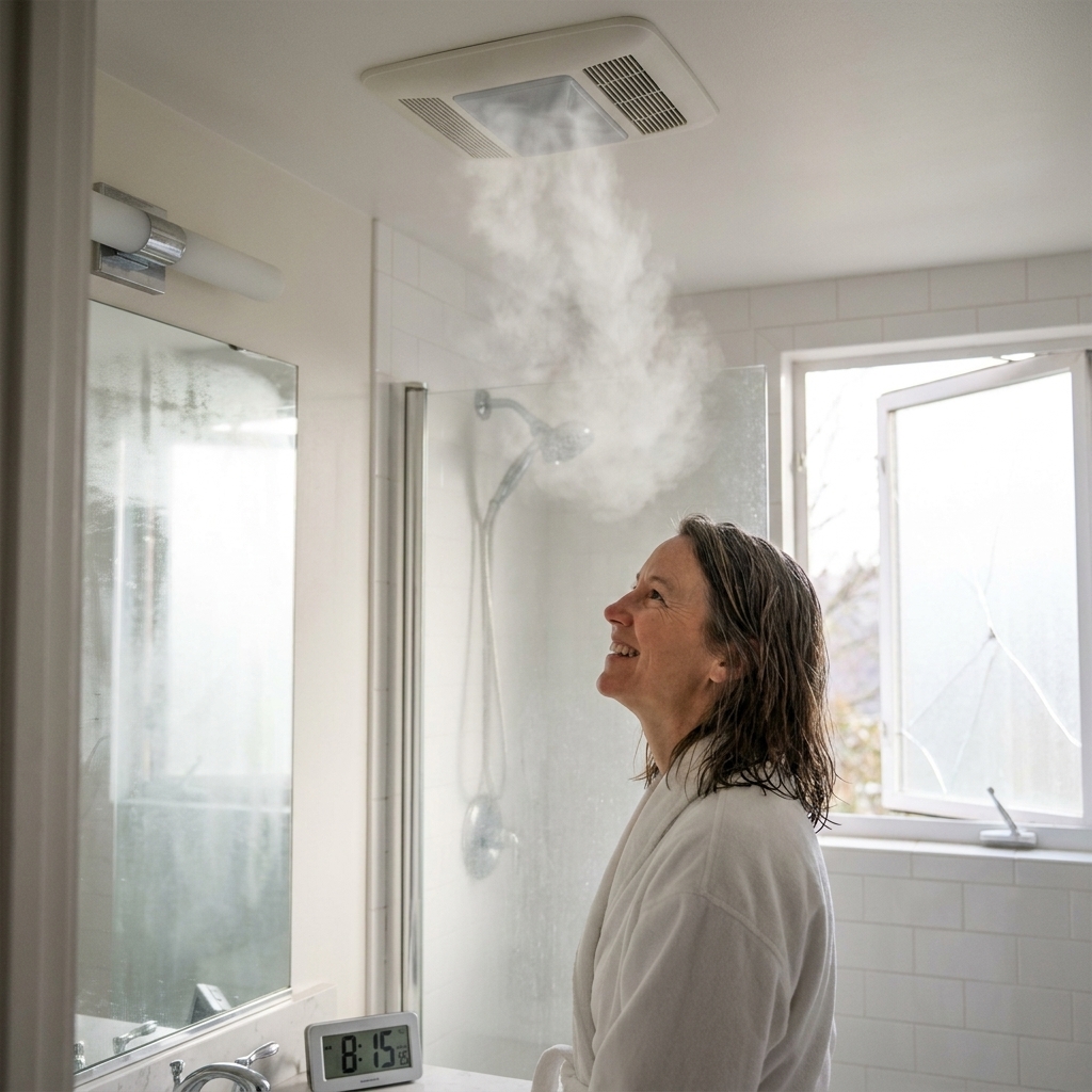 A bathroom with a running ceiling exhaust fan while steam clears from a shower, with a window slightly open