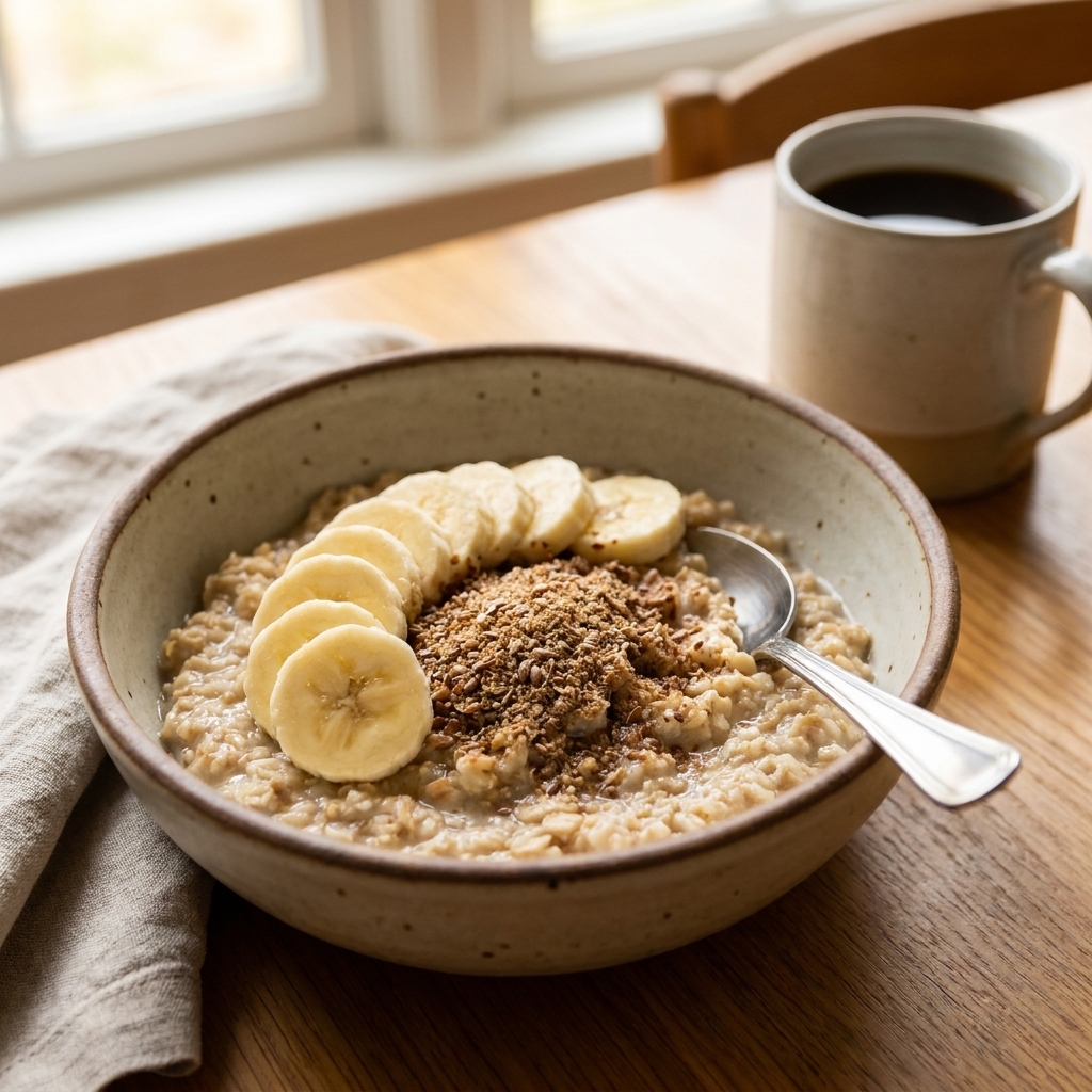 A bowl of oatmeal topped with sliced banana and a sprinkle of ground flaxseed on a breakfast table