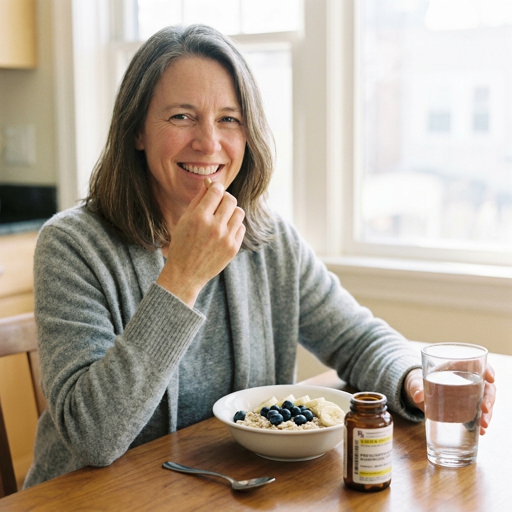 A breakfast table with oatmeal and fruit next to a glass of water and a single prescription bottle, suggesting medication taken with a meal