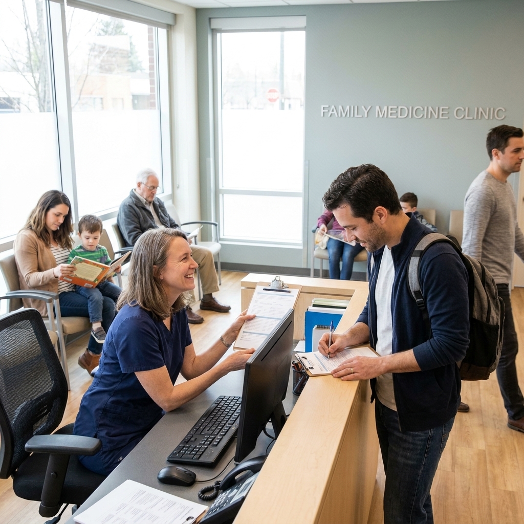 A busy family medicine clinic reception area with a staff member checking in a patient at the front desk