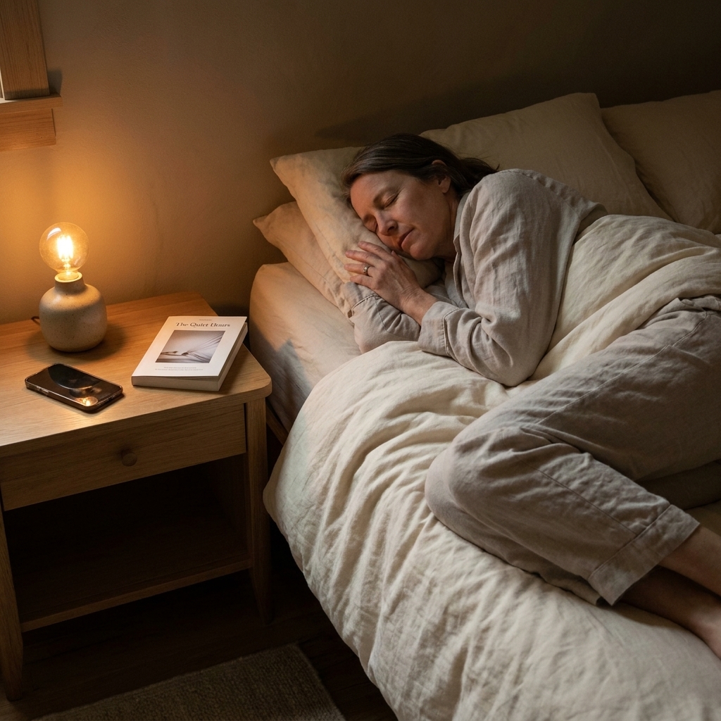 A calm bedroom scene with a dim bedside lamp, a book on the nightstand, and a phone placed face down to support better sleep