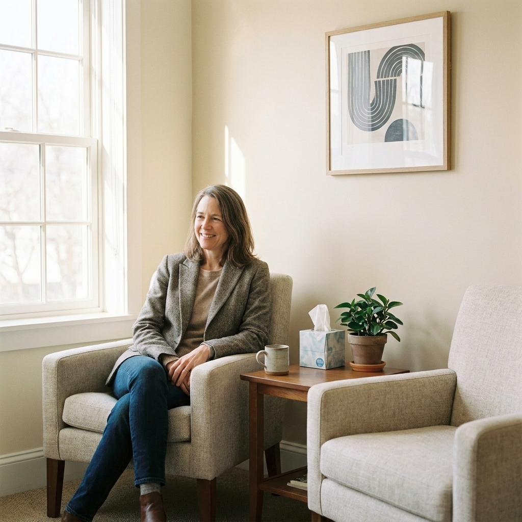 A calm therapy office waiting room with two comfortable chairs, soft natural light, and a small side table with tissues