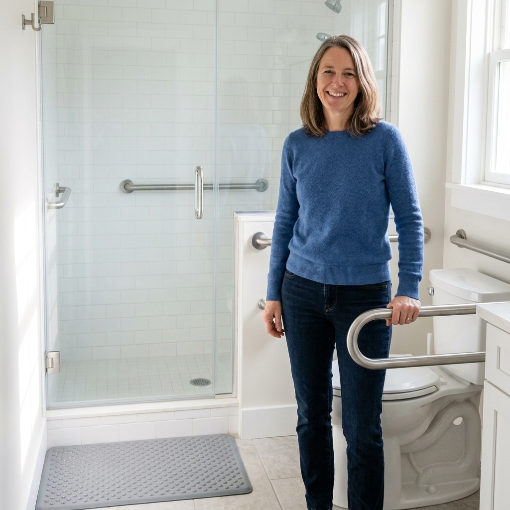 A clean home bathroom with securely mounted grab bars near the toilet and inside the shower, with a non-slip bath mat on the floor, realistic photograph