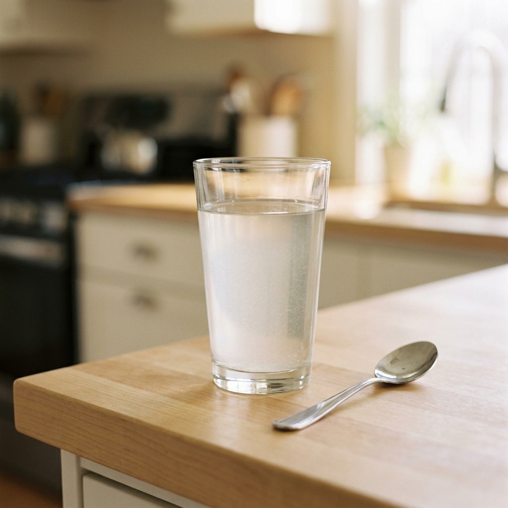 A clear glass of oral rehydration solution on a countertop with a spoon nearby