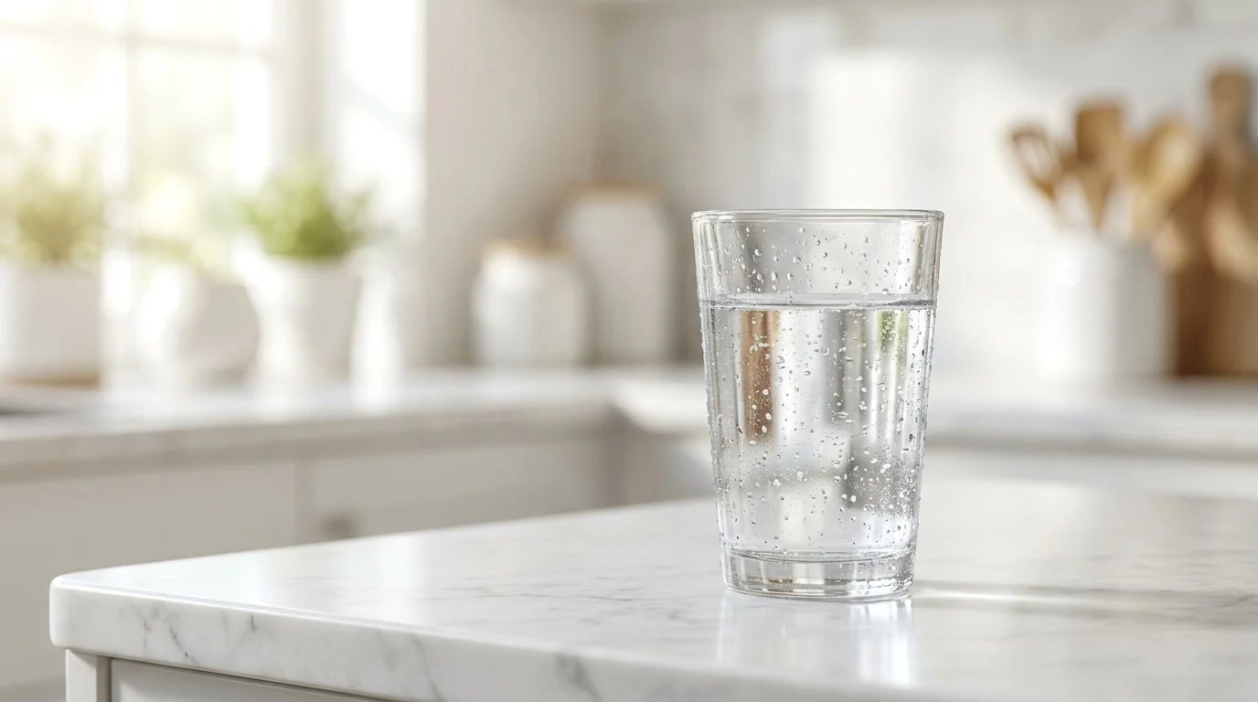 A clear glass of water on a bright kitchen counter with morning sunlight