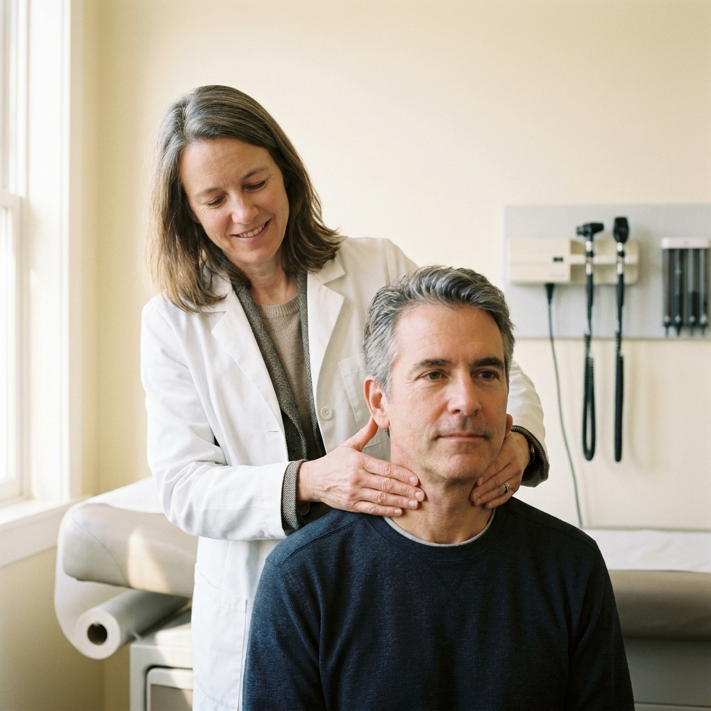 A clinician gently palpating a patient’s neck during a thyroid exam in a medical office
