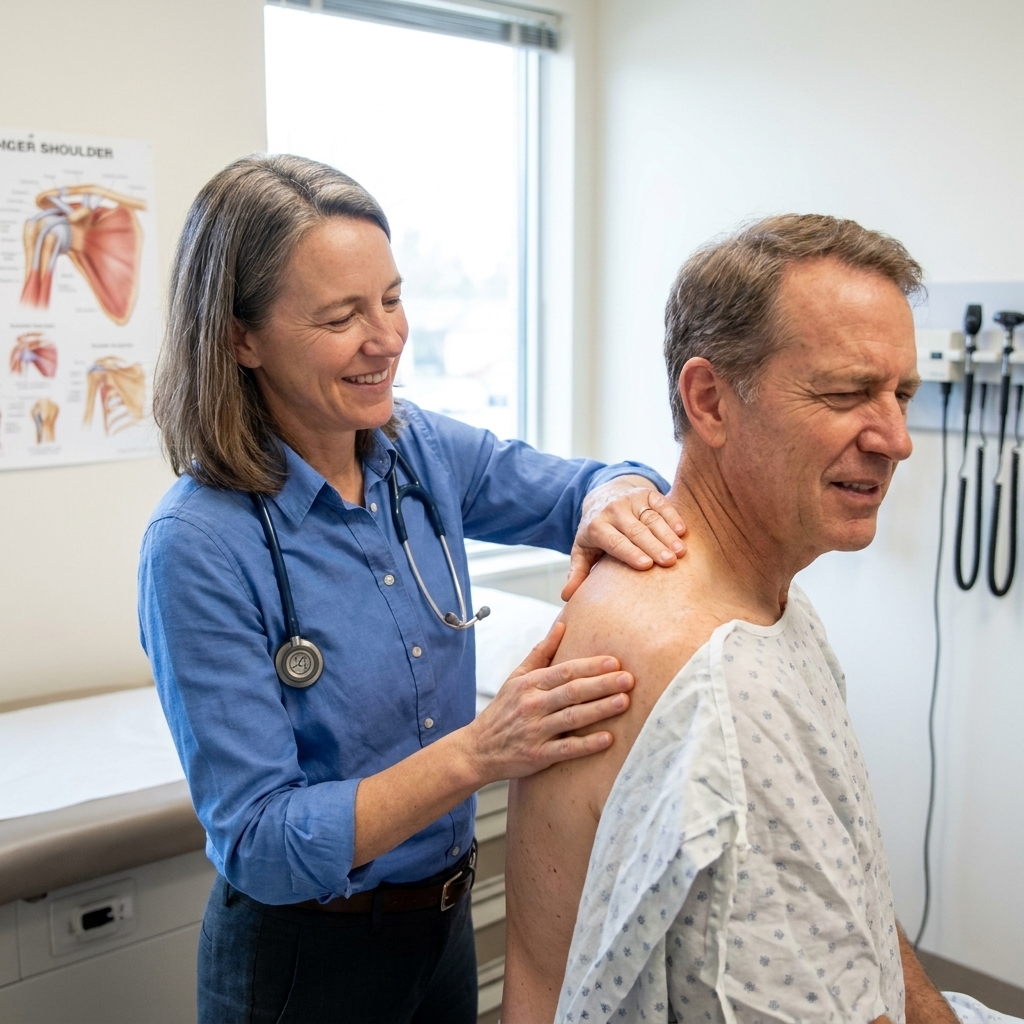 A clinician gently palpating a patient's shoulder and upper back during an exam in a primary care room, assessing muscle tenderness