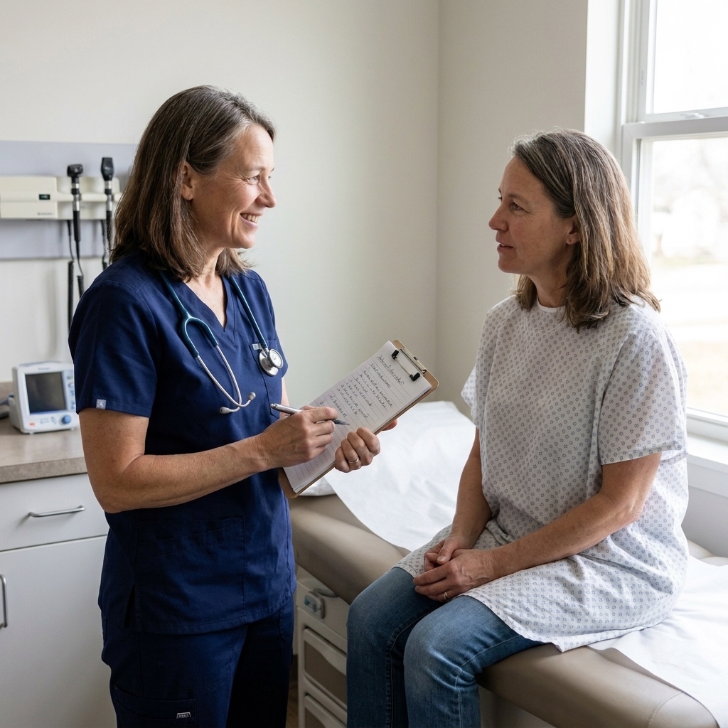 A clinician in a primary care exam room speaking with an adult patient while reviewing notes on a clipboard