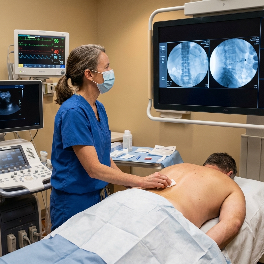 A clinician in a procedure room preparing an adult patient for a lower back injection while monitoring equipment sits nearby