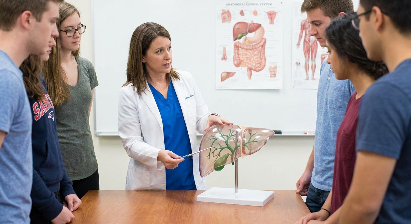 A clinician pointing to a liver model showing the bile ducts and gallbladder in a teaching setting