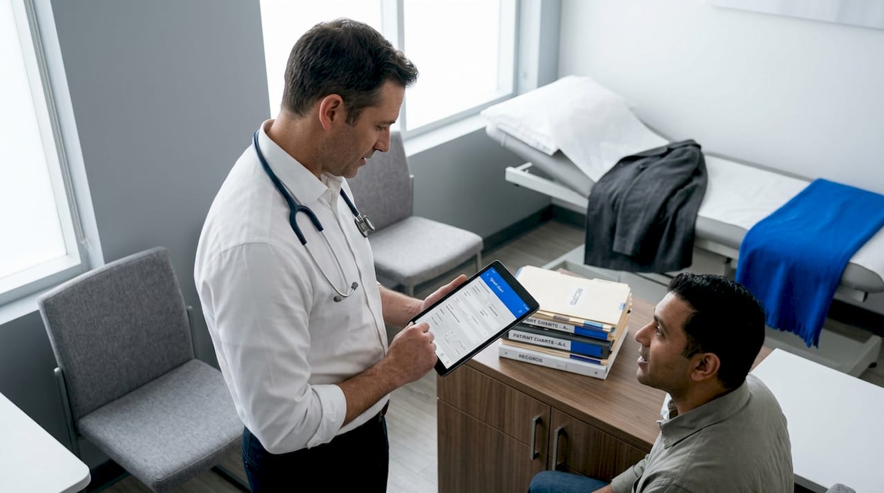 A clinician sitting across from a patient reviewing lab results together