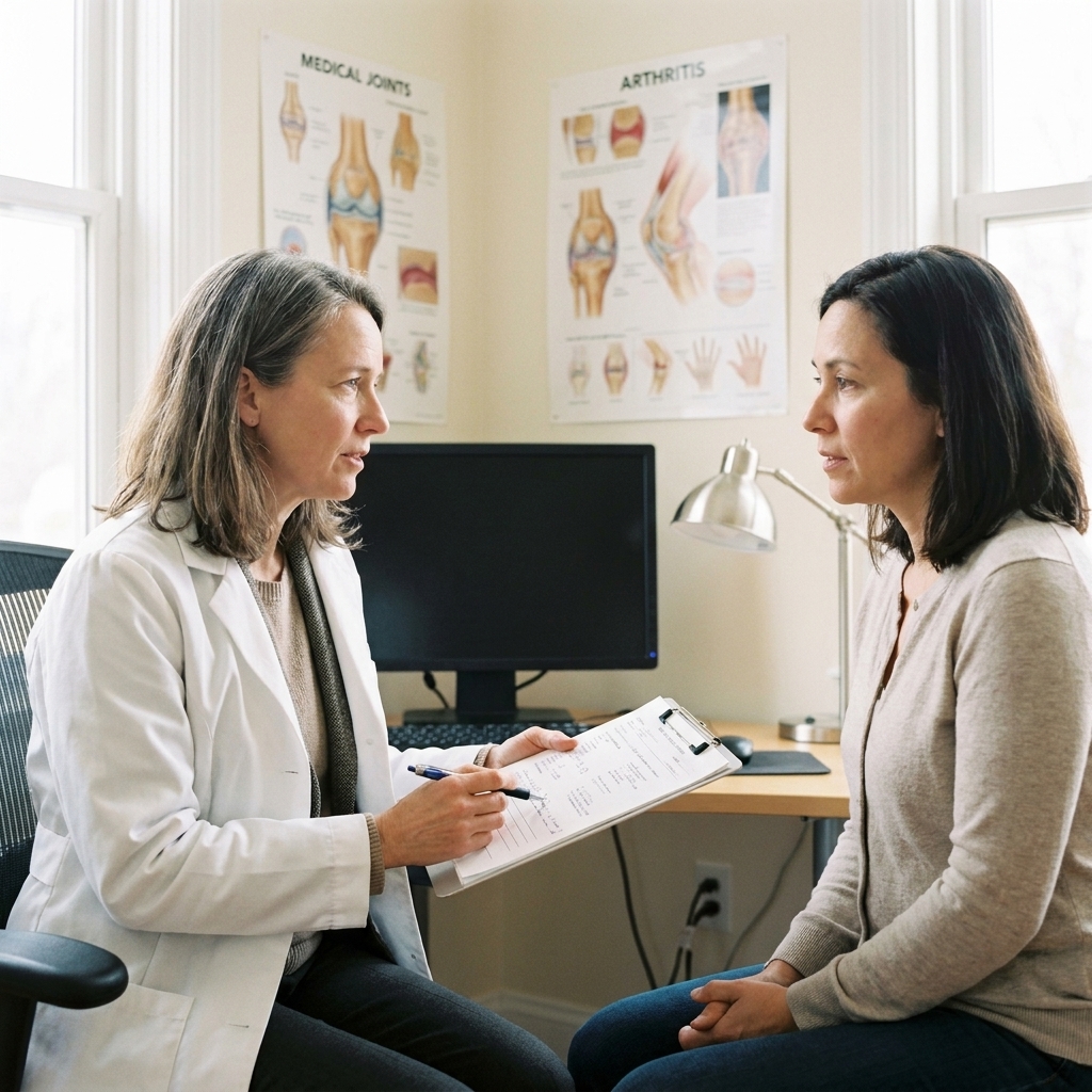A clinician speaking with an adult patient in an office while reviewing notes during a rheumatology visit