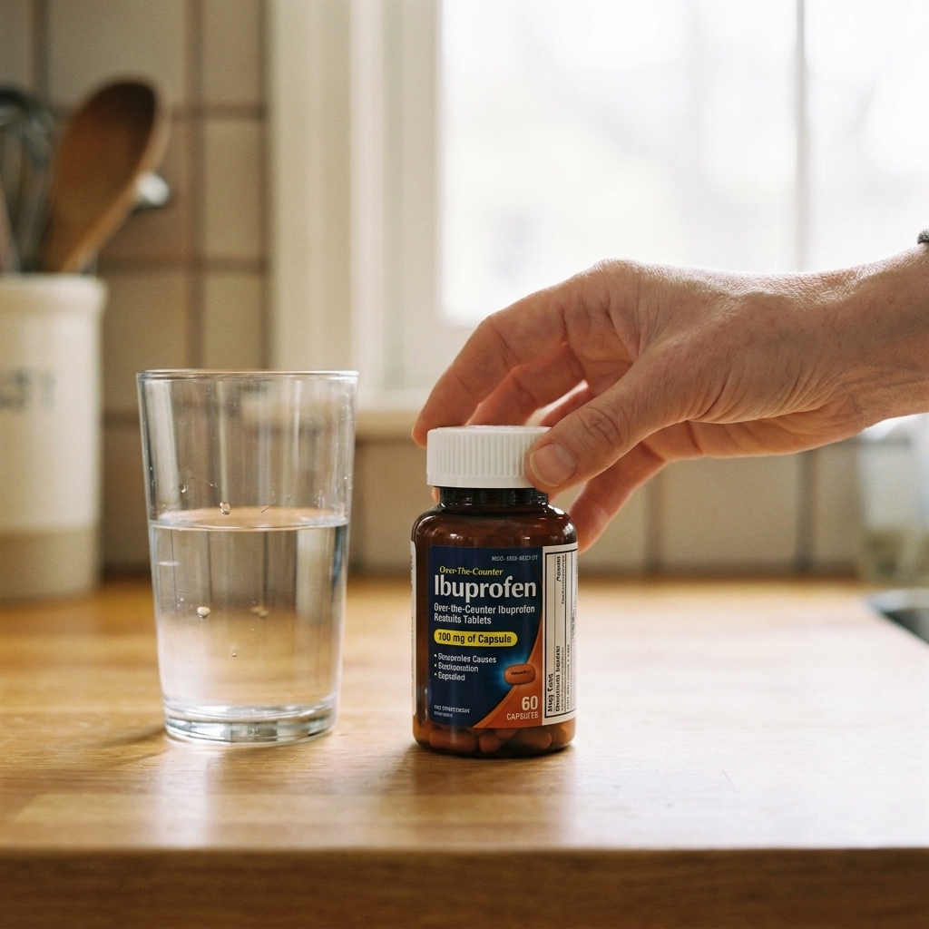 A close-up of an over-the-counter ibuprofen bottle on a kitchen counter next to a glass of water