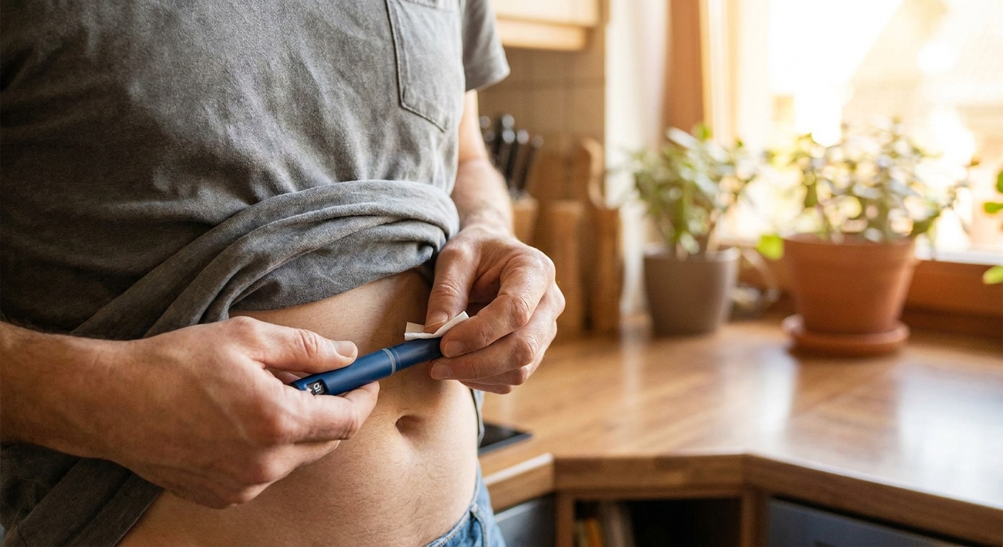 A close-up photograph of an adult holding an insulin pen near their abdomen, preparing for an injection in a bright home setting