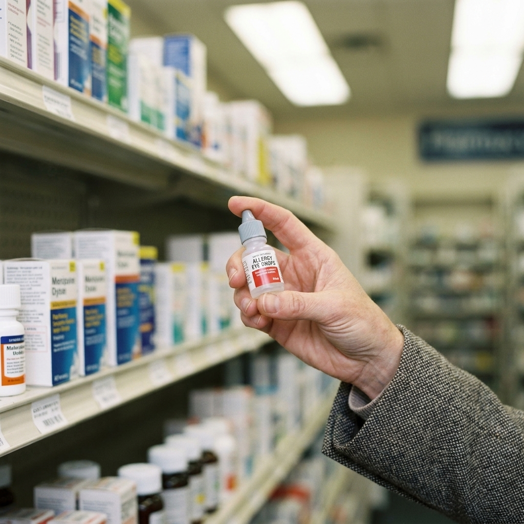 A close view of a hand holding a small bottle of allergy eye drops in a pharmacy aisle with shelves softly blurred behind