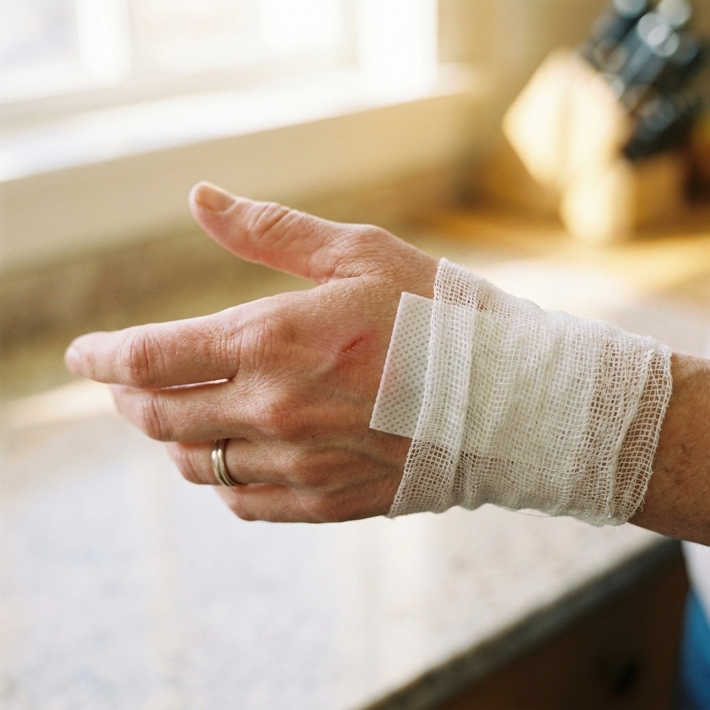 A close view of a hand with a small nonstick sterile pad placed over a mildly red burn area and secured with a loose gauze wrap