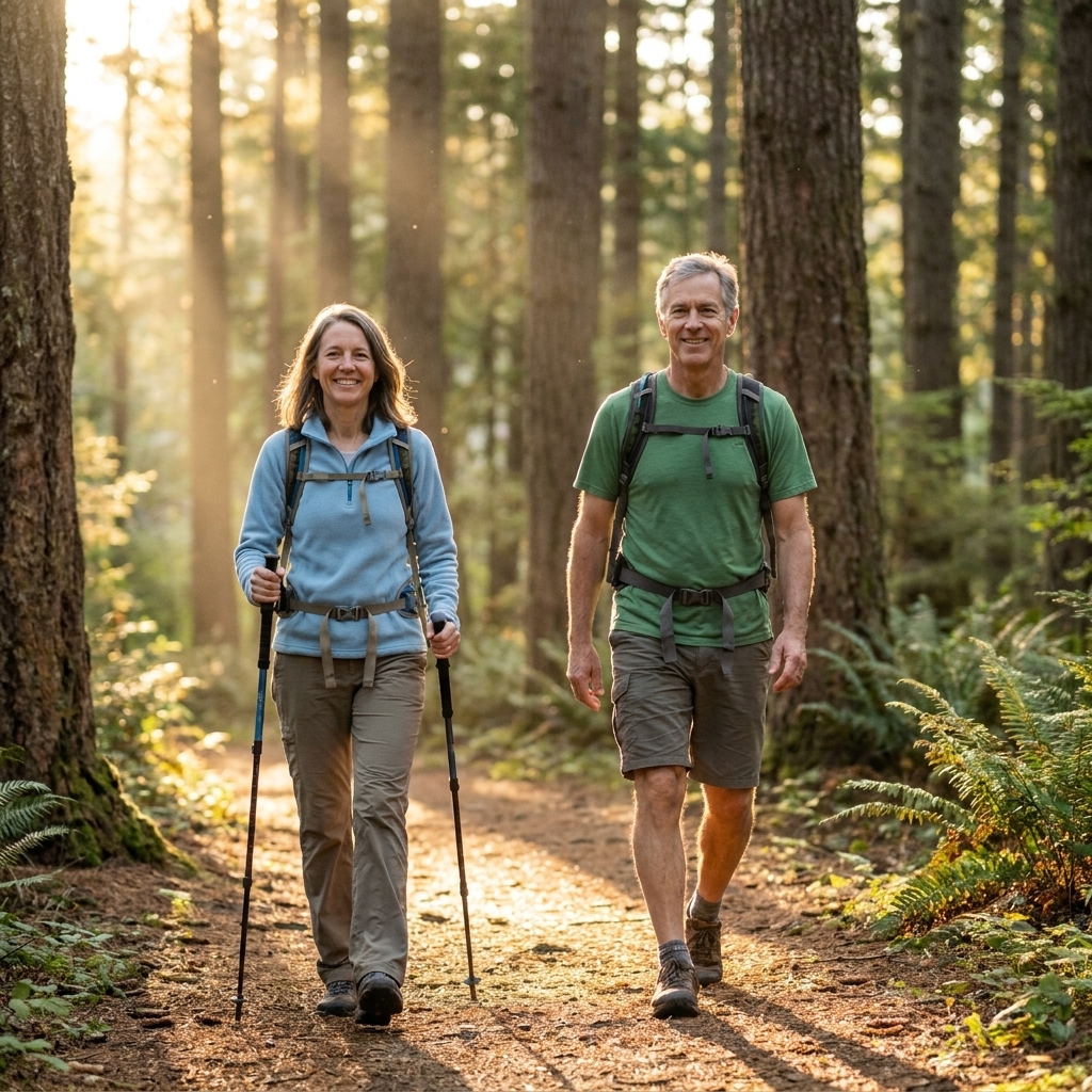 A couple hiking on a forest trail in morning light, wearing daypacks and moving at a steady pace