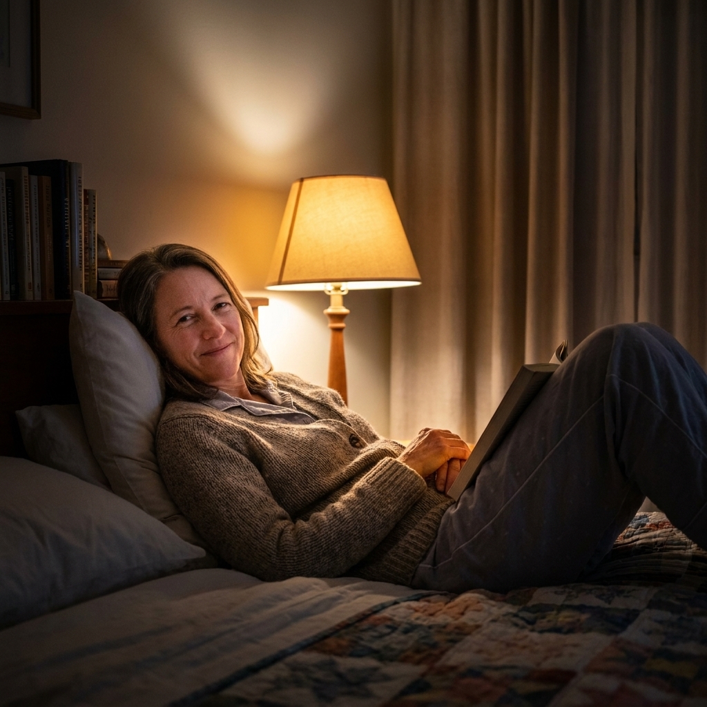 A cozy bedroom with a warm bedside lamp turned on and the rest of the room dim, creating a calm sleep-ready environment