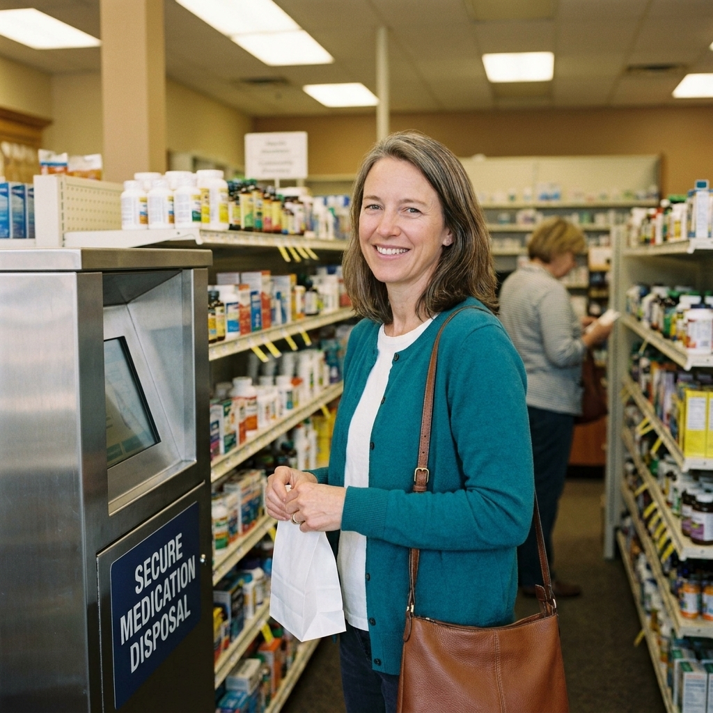 A customer standing near a secure medication disposal kiosk inside a community pharmacy, with shelves of health products in the background