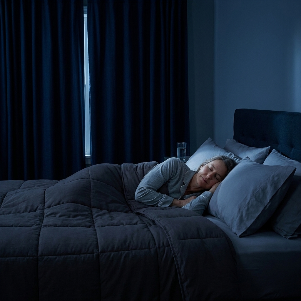 A dark, quiet bedroom at night with blackout curtains and a neatly made bed, suggesting a cool sleep-friendly space