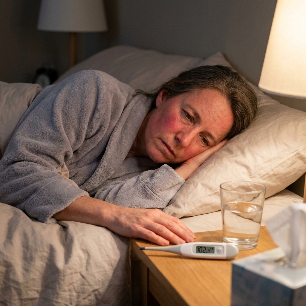 A digital thermometer showing an elevated temperature while resting on a bedside table in a softly lit bedroom