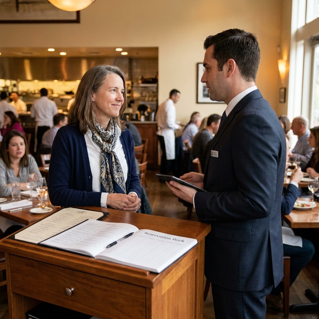 A diner speaking calmly with a restaurant manager near the host stand before being seated