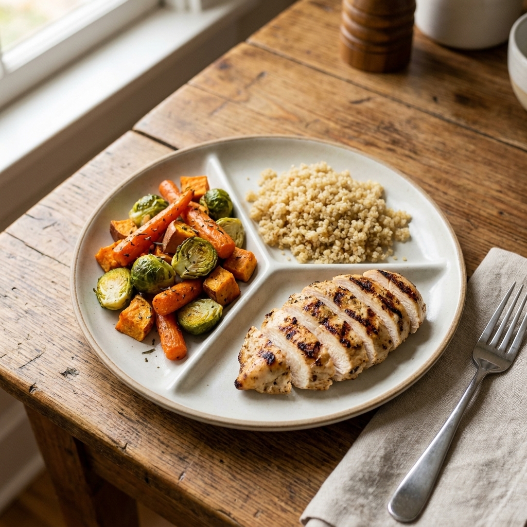 A dinner plate divided into sections with roasted vegetables, grilled chicken, and a small portion of quinoa, photographed on a kitchen table