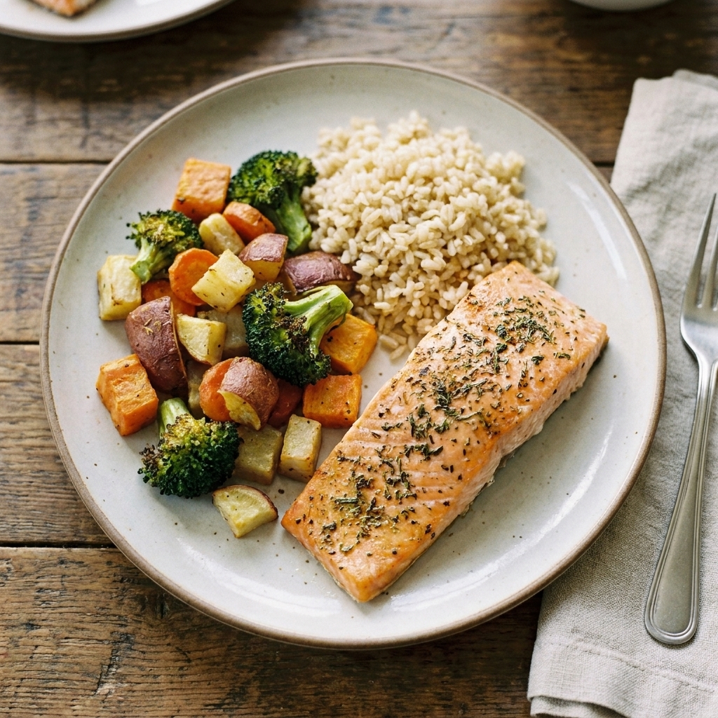 A dinner plate with baked salmon, a large portion of colorful roasted vegetables, and a side of brown rice on a wooden table