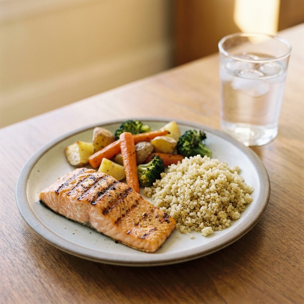 A dinner plate with roasted vegetables, grilled salmon, and a serving of quinoa beside a glass of water