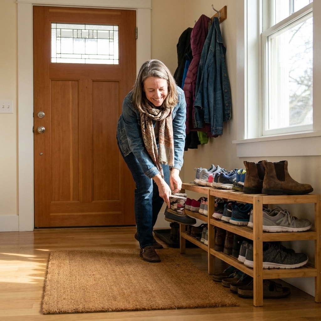 A family entryway with shoes placed on a rack beside a doormat near the front door