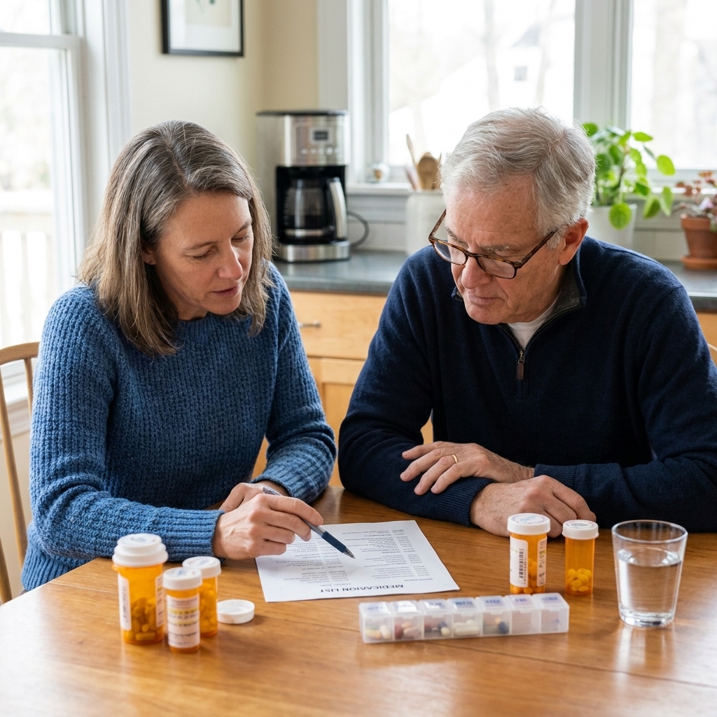 A family member and an older adult at a kitchen table reviewing a medication list next to pill bottles and a weekly pill organizer
