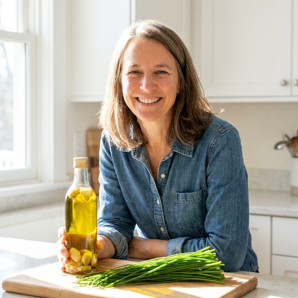 A glass bottle of garlic-infused olive oil next to fresh chives and a cutting board in a bright kitchen