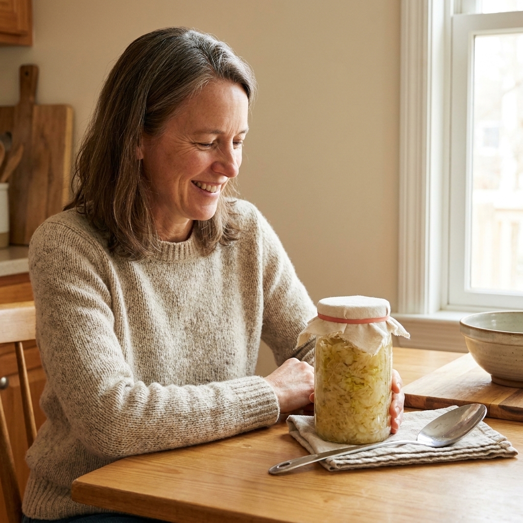 A glass jar of sauerkraut on a kitchen table with a spoon resting beside it