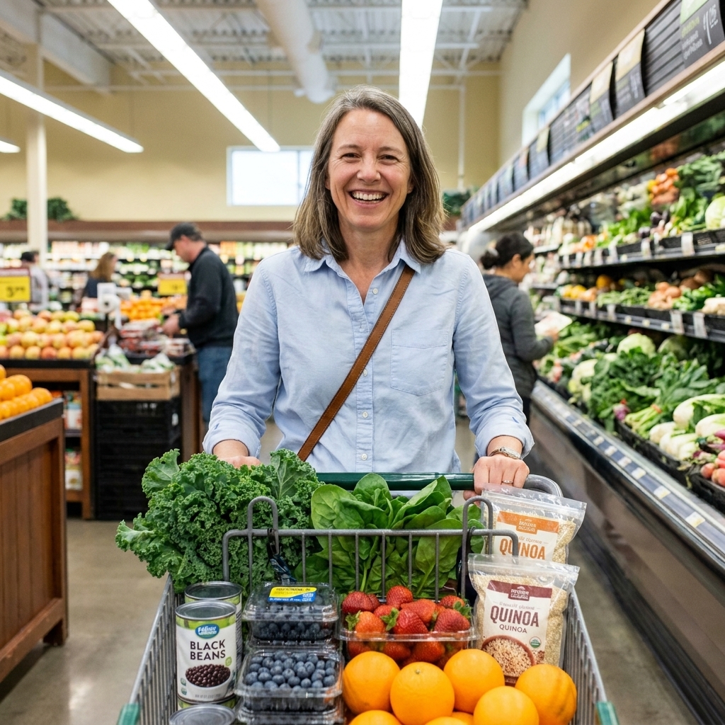 A grocery cart filled with leafy greens, berries, oranges, beans, and whole grains in a supermarket aisle