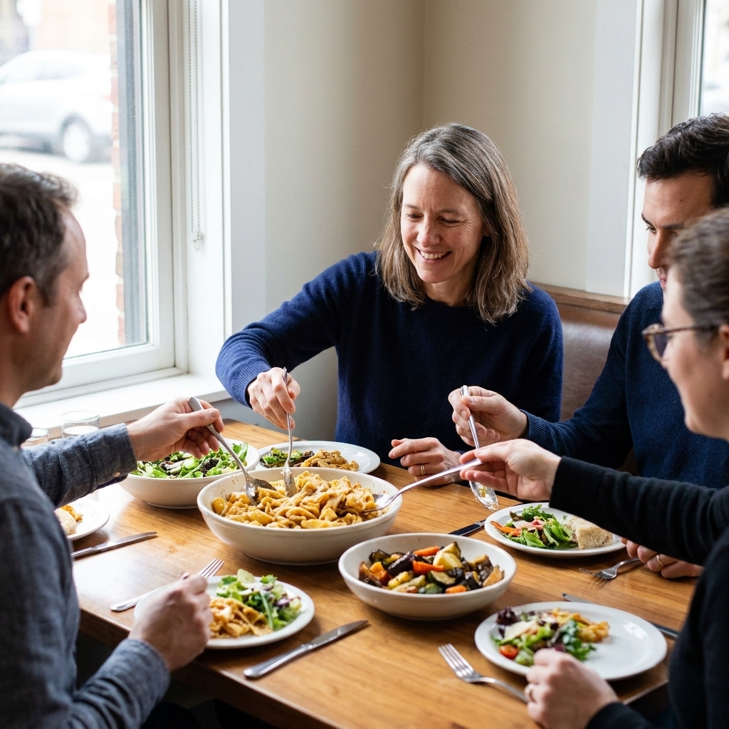 A group of people at a restaurant table reaching toward shared dishes with serving utensils
