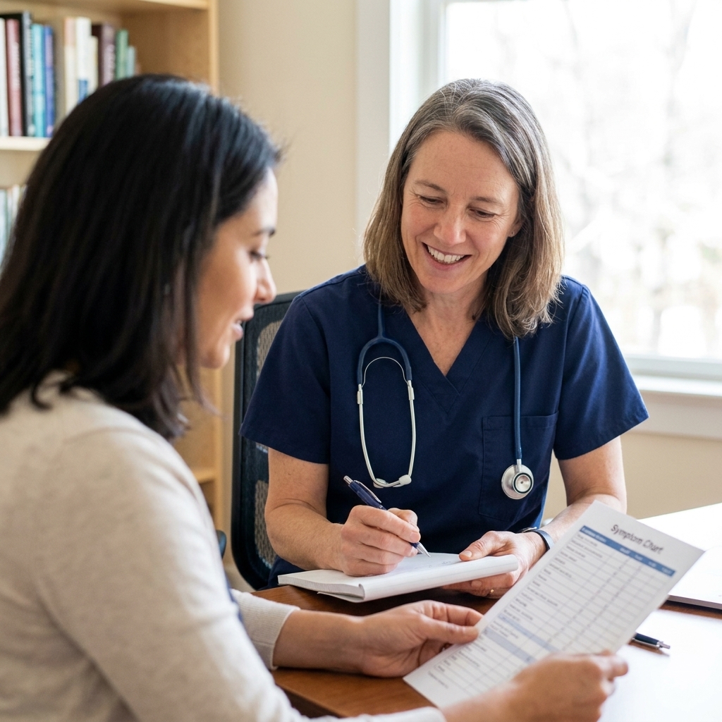 A gynecologist sitting across from an adult patient in an office, reviewing symptom notes together during a supportive visit