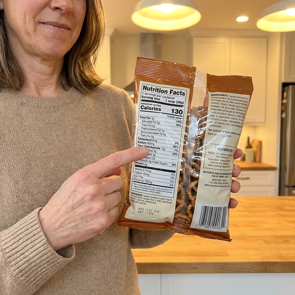 A hand holding a packaged food item and pointing to the sodium line on the nutrition facts label under bright kitchen lighting