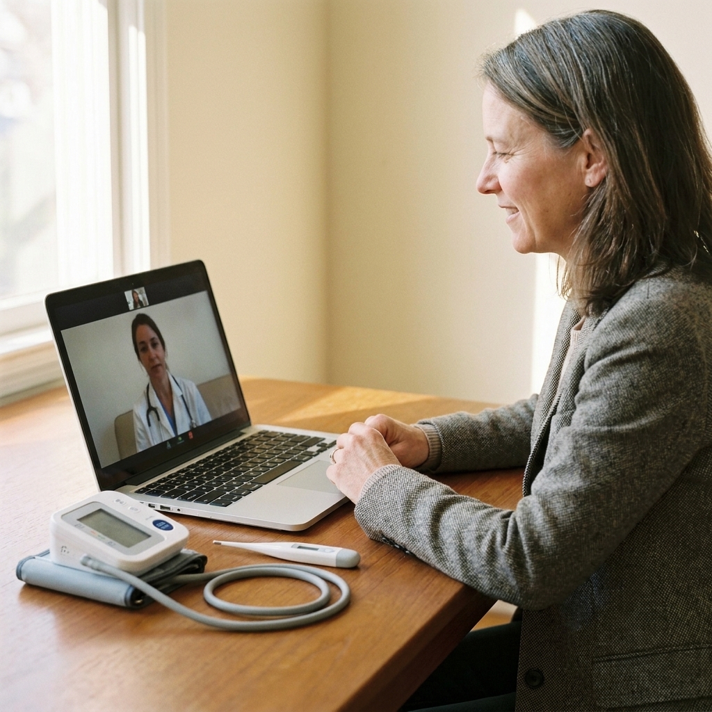 A home blood pressure cuff and thermometer on a table next to a laptop open for a virtual medical visit
