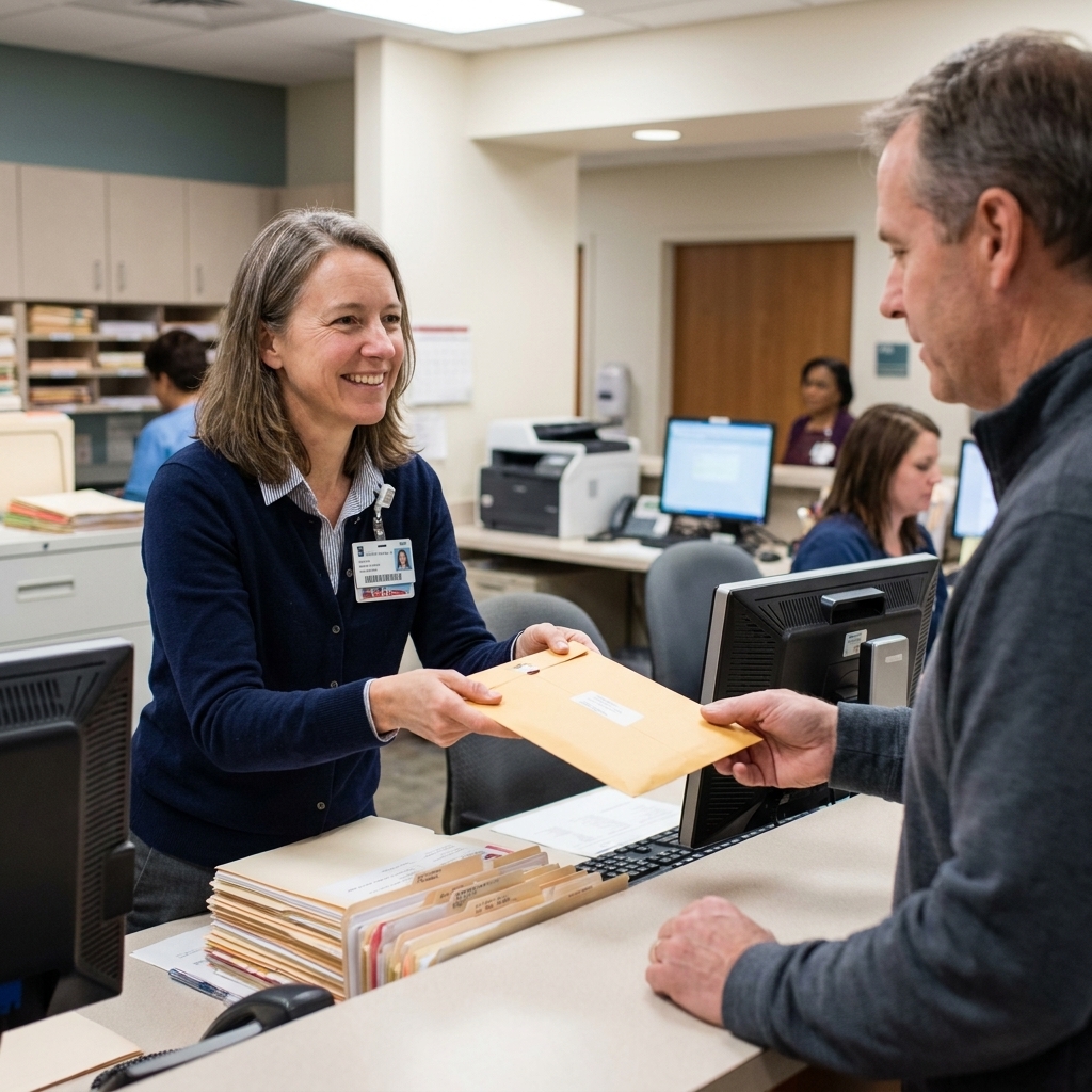A hospital medical records department counter with a staff member handing a sealed envelope to a patient.