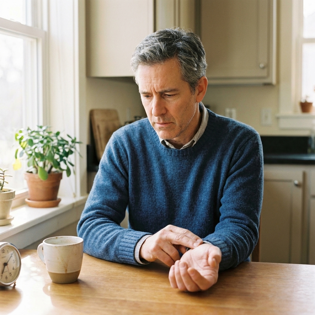 A man sitting at a kitchen table checking his pulse at his wrist, looking concerned, daylight coming through a window