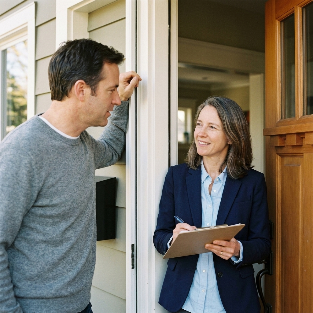 A mental health clinician in professional clothing speaking calmly with an adult at a home doorway during a wellness check