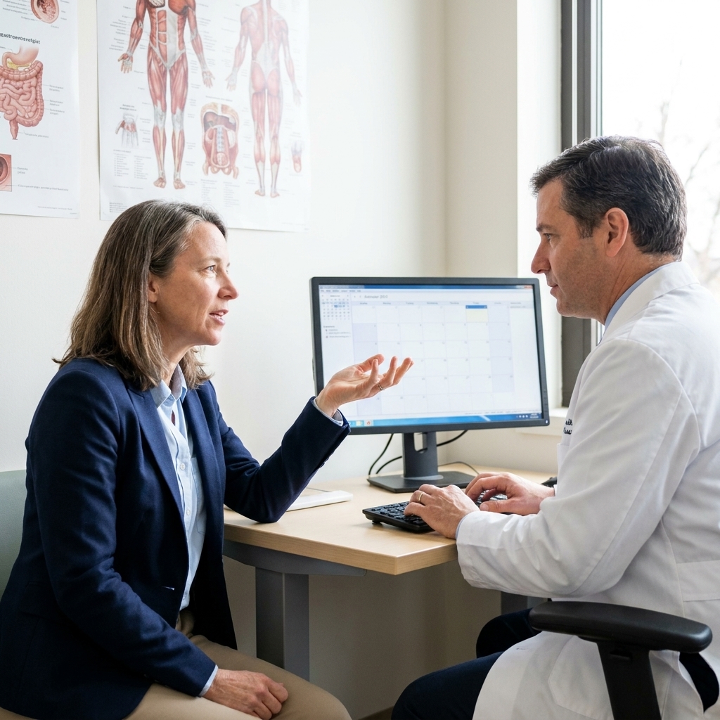 A middle-aged adult speaking with a gastroenterology clinician in an office about scheduling a screening colonoscopy