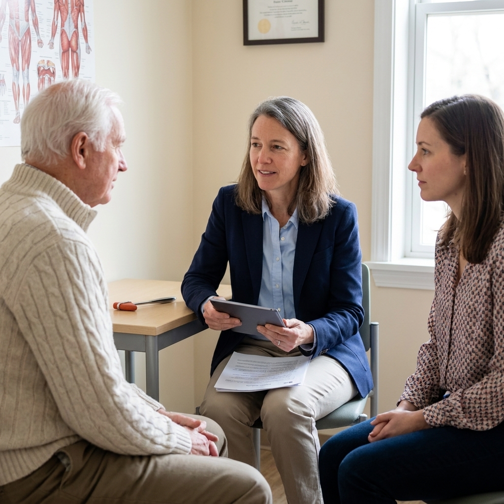 A neurologist sitting with an older patient and a family member in a clinic exam room, reviewing notes and speaking calmly