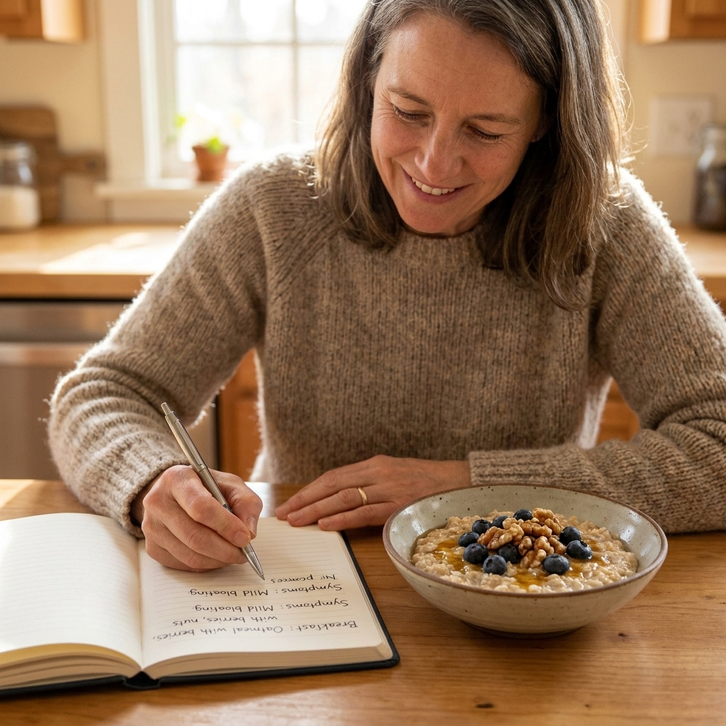 A notebook food journal open on a kitchen table beside a bowl of oatmeal and a pen, showing a person tracking meals and symptoms