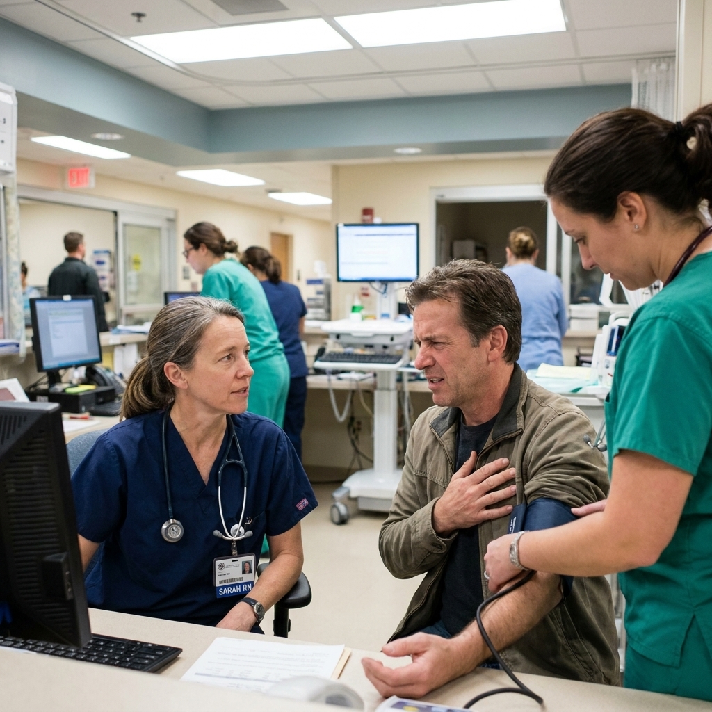 A nurse at an emergency department triage desk speaking calmly with a patient who is holding their chest, while another staff member prepares a blood pressure cuff