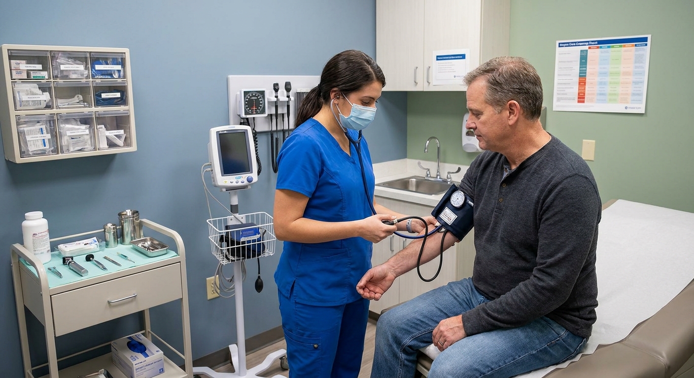 A nurse checking a patient's blood pressure in a clean urgent care exam room, with basic medical equipment visible