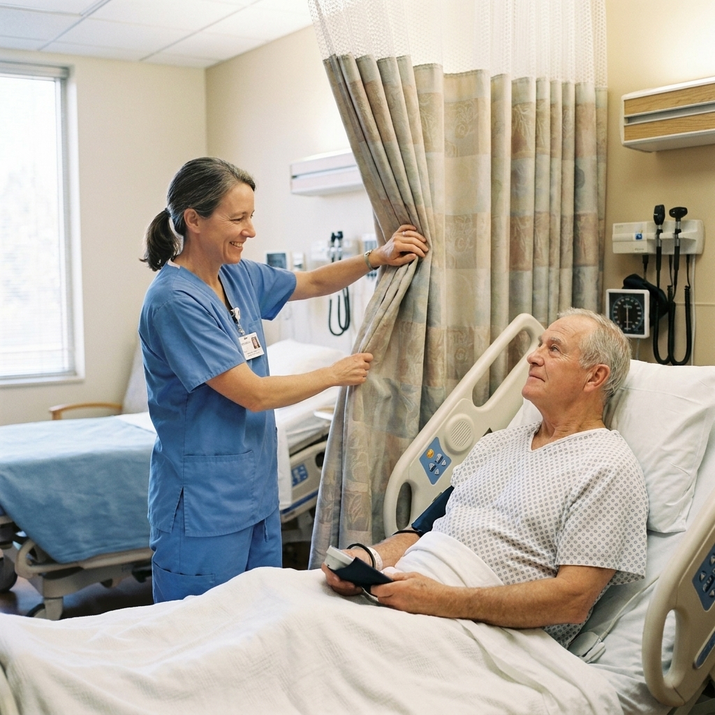 A nurse drawing a privacy curtain around a patient bed in a shared hospital room while the patient sits upright and prepares for an exam
