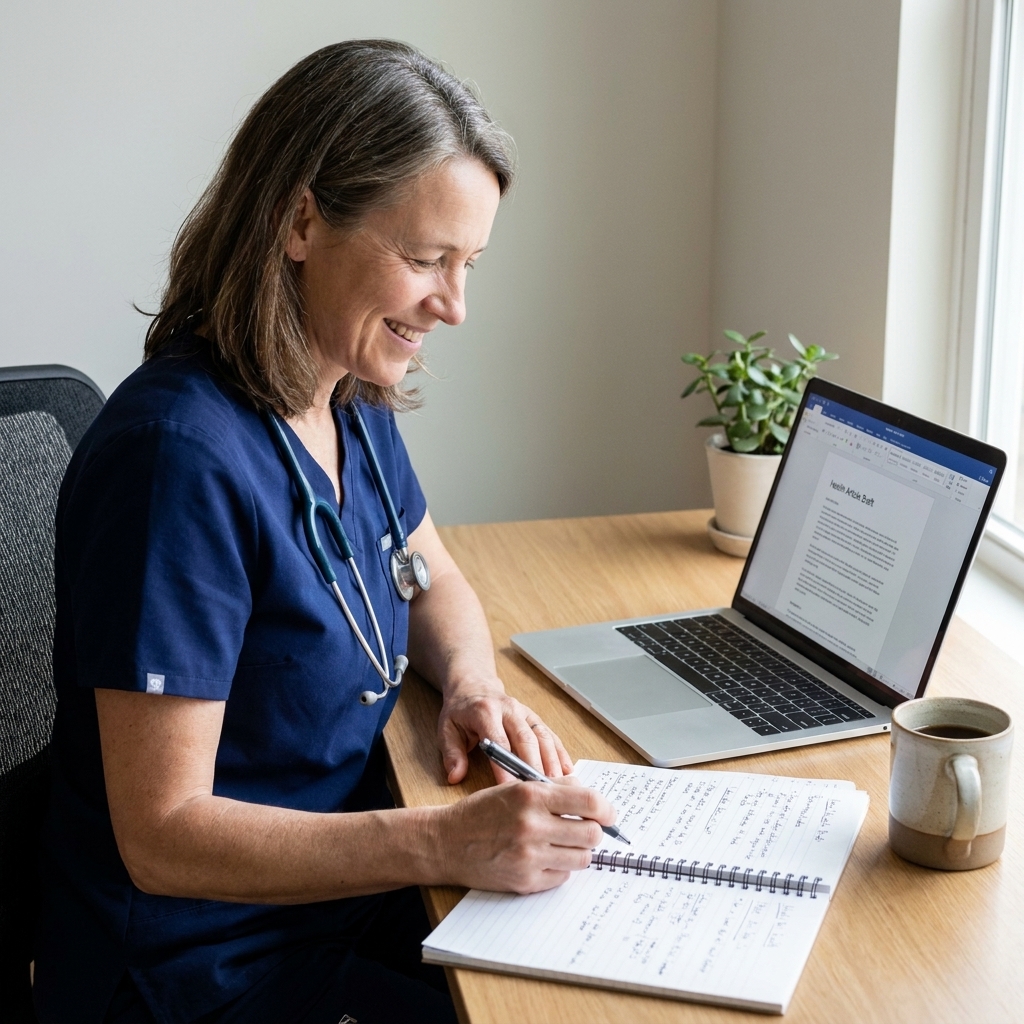 A nurse practitioner sitting at a tidy desk with a laptop and a stethoscope nearby, reviewing notes for a health article