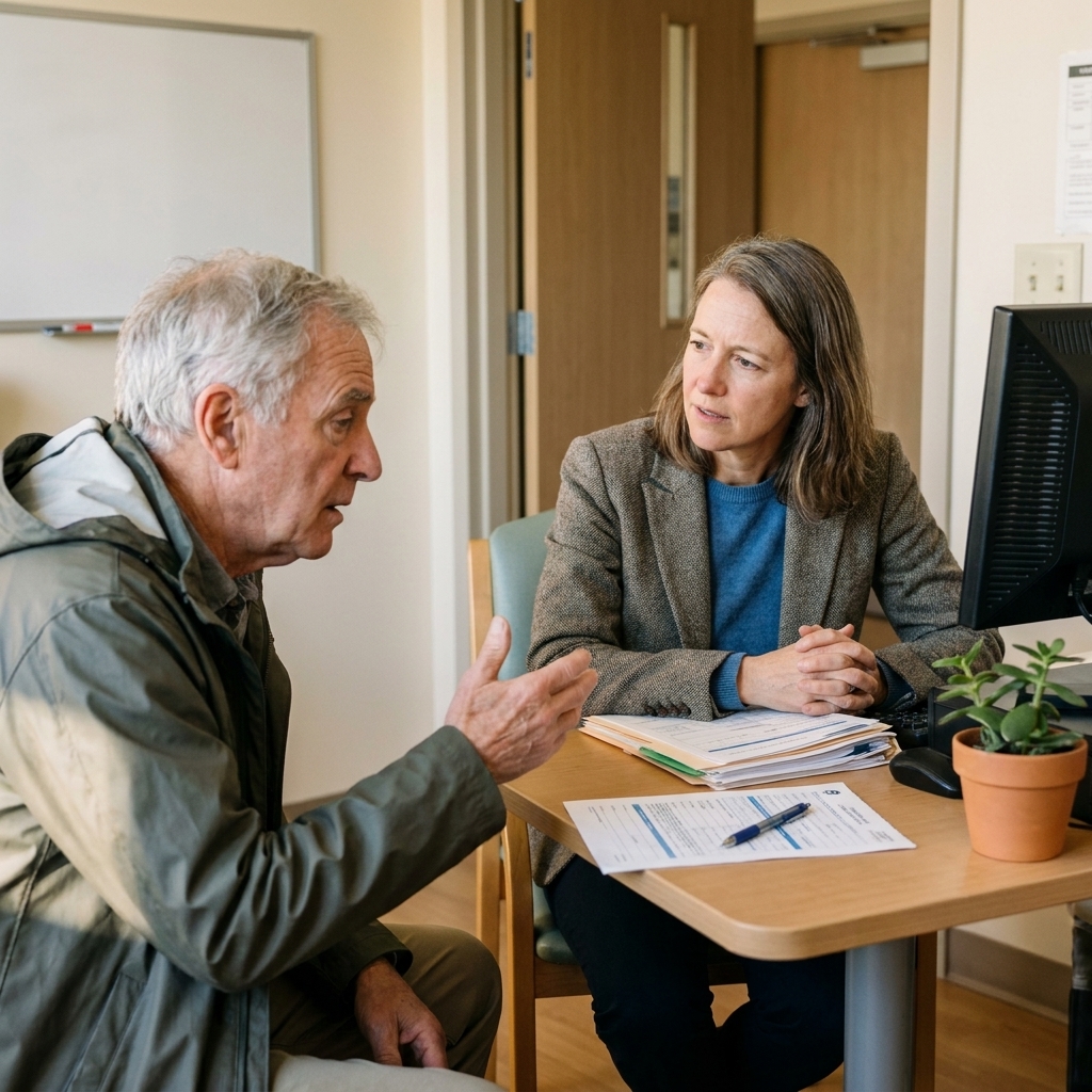 A patient advocate sitting at a small desk in a hospital office listening to a concerned family member, with paperwork on the table