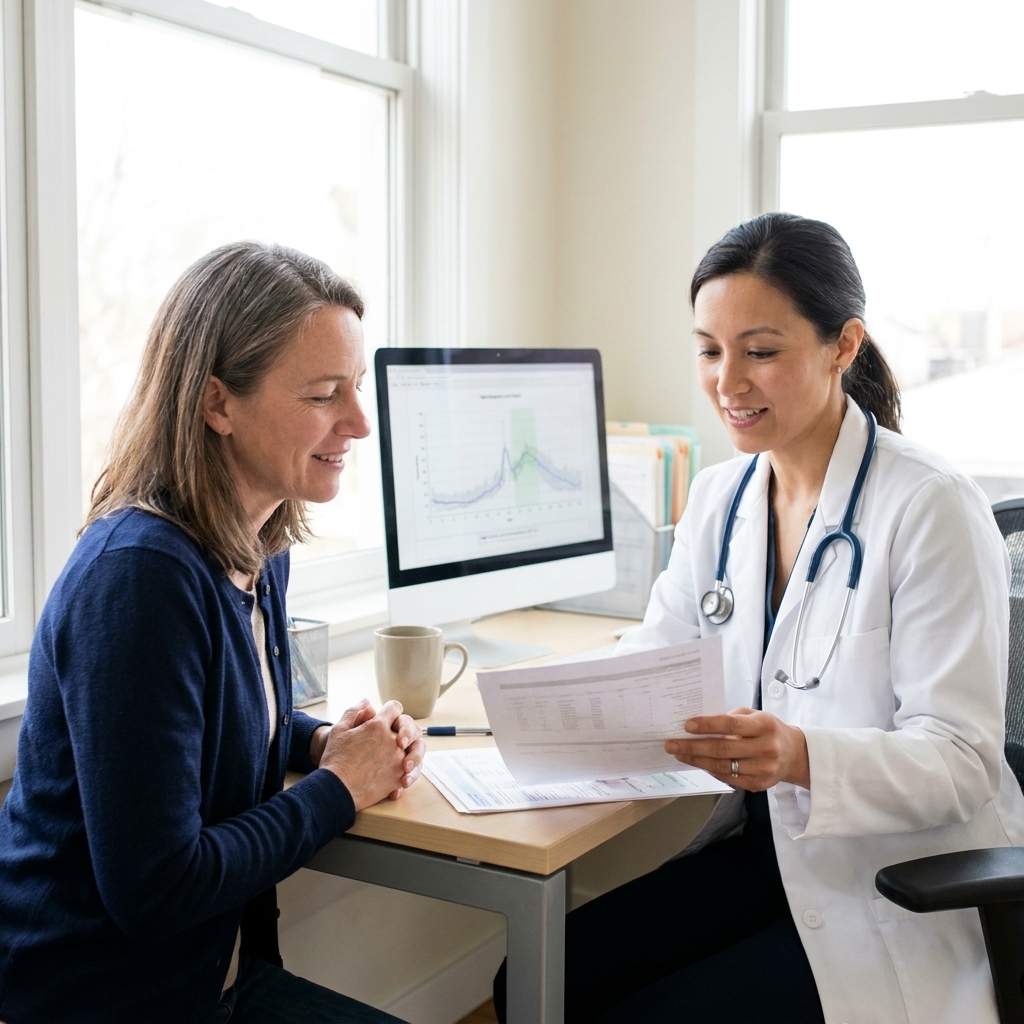 A patient in a medical office discussing test results with a fertility specialist at a desk